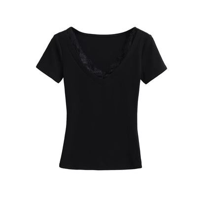Short-Sleeve V-Neck Plain Lace Trim Tee