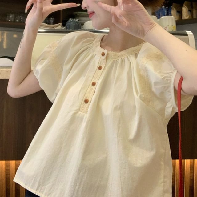 Puff-Sleeve Henley Lace Trim Blouse