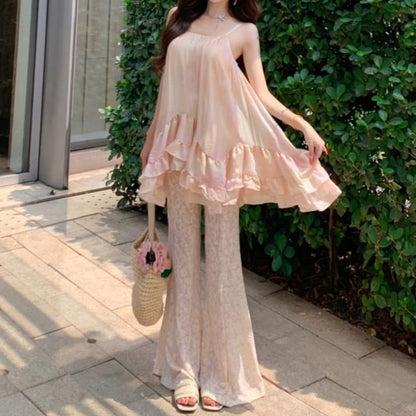 Gradient Ruffle Camisole Top with Elastic Waist Plain Lace Flared Pants