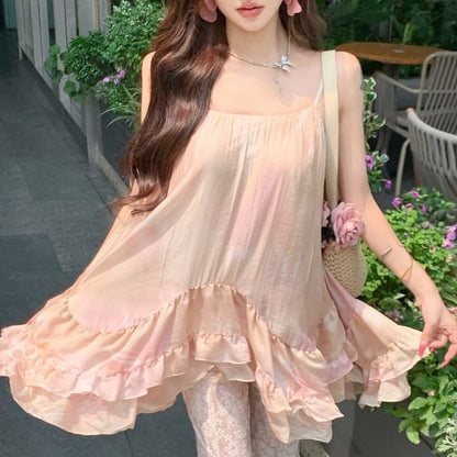 Gradient Ruffle Camisole Top with Elastic Waist Plain Lace Flared Pants