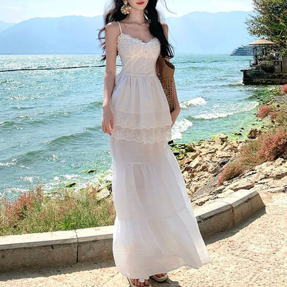Spaghetti Strap V-Neck Plain Lace Camisole Top with High Rise Maxi A-Line Skirt