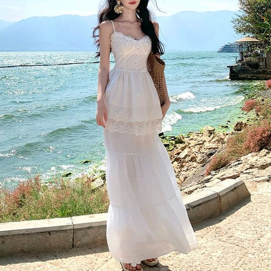 Spaghetti Strap V-Neck Plain Lace Camisole Top with High Rise Maxi A-Line Skirt