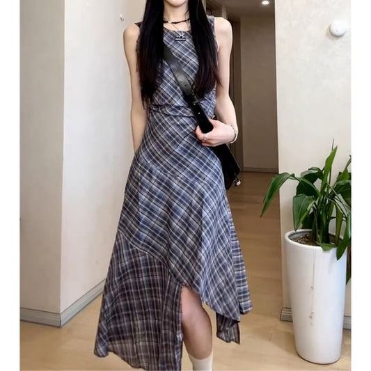 Dress Maxi Sleeveless A-Line Plaid Round Neck Asymmetrical