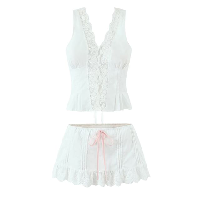 V-Neck Lace Panel Button-Up Crop Tank Top