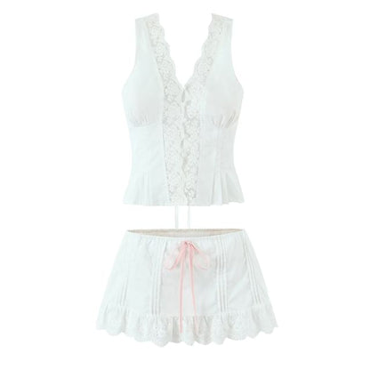 V-Neck Lace Panel Button-Up Crop Tank Top