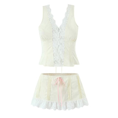 V-Neck Lace Panel Button-Up Crop Tank Top