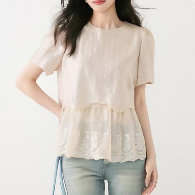 Short-Sleeve Crewneck Lace Top