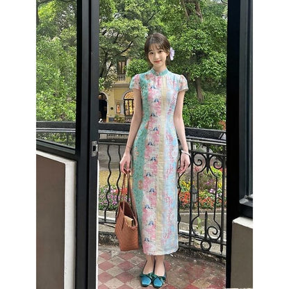 Short-Sleeve Floral Print Midi Qipao / High Waist Midi A-Line Lace Skirt