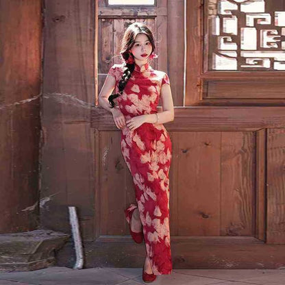 Short-Sleeve Floral Print Midi Qipao