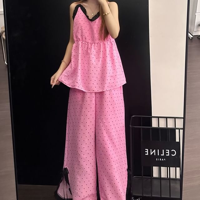 Pajama Set: V-Neck Dotted Lace Trim Camisole Top and Pants