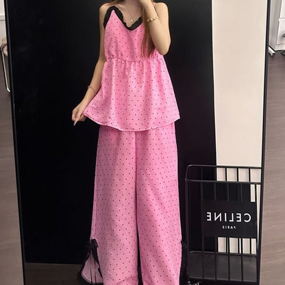 Pajama Set: V-Neck Dotted Lace Trim Camisole Top and Pants