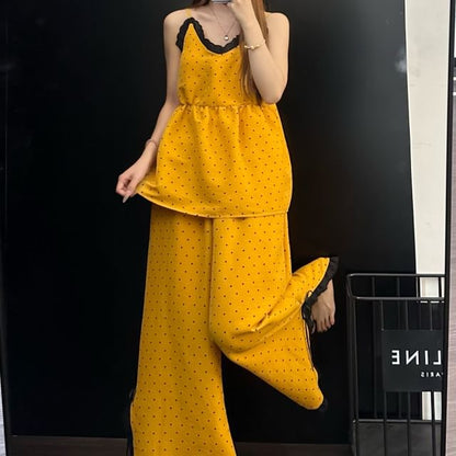 Pajama Set: V-Neck Dotted Lace Trim Camisole Top and Pants