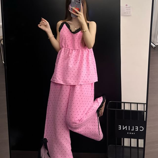 Pajama Set: V-Neck Dotted Lace Trim Camisole Top and Pants