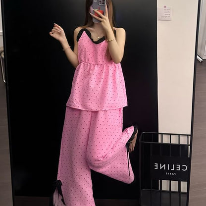 Pajama Set: V-Neck Dotted Lace Trim Camisole Top and Pants