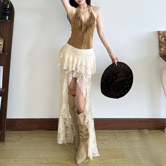 Mid Rise Tiered Asymmetrical Slit Lace Maxi Skirt with Halter Fringed Button Crop Tank Top