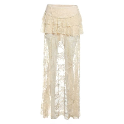 Mid Rise Tiered Asymmetrical Slit Lace Maxi Skirt with Halter Fringed Button Crop Tank Top
