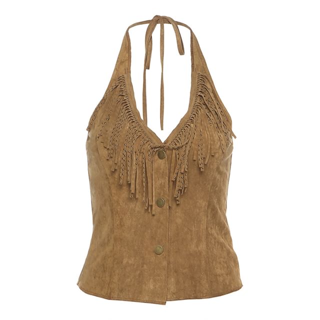 Mid Rise Tiered Asymmetrical Slit Lace Maxi Skirt with Halter Fringed Button Crop Tank Top