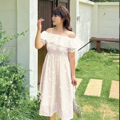 Plus Size Short Sleeve Cold Shoulder Leaf Midi A-Line Dress