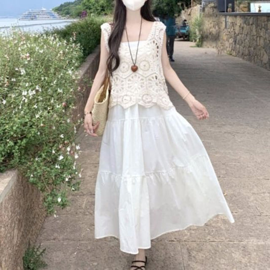 Midi A-Line Dress with Spaghetti Straps and Lace Trim