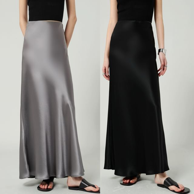 High A-Line Skirt Waist Plain Satin Maxi