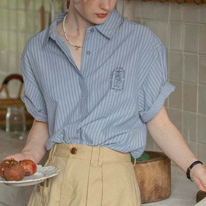 Elbow-Sleeve Button-Up Blouse Collared Embroidered Striped