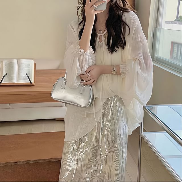 / Tie Cami H-Line Rise Plain Blouse Top Sheer Skirt V-Neck Long-Sleeve Sequin High Front Midi Set