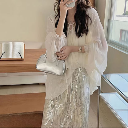 / Tie Cami H-Line Rise Plain Blouse Top Sheer Skirt V-Neck Long-Sleeve Sequin High Front Midi Set