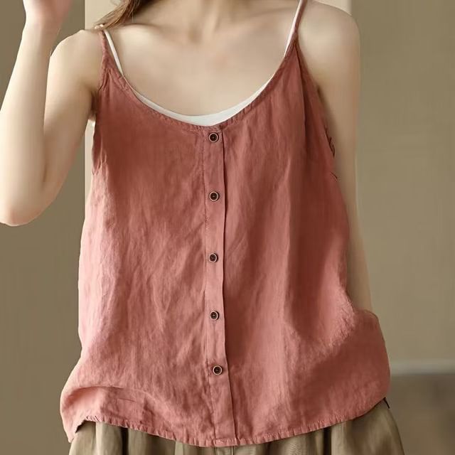 Top Neck Plain Camisole Buttoned Scoop