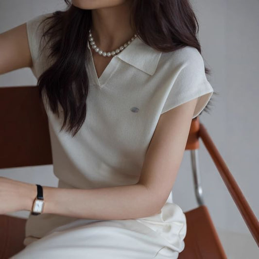 Cap-Sleeve V-Neck Collared Plain Crop Knit Top