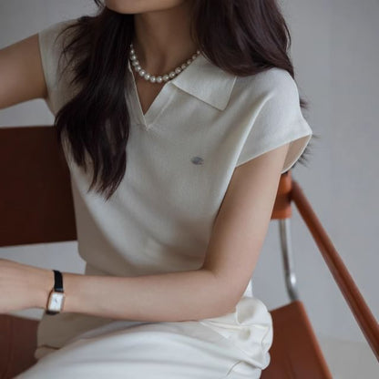 V-Neck Top Knit Plain Cap-Sleeve Crop Collared