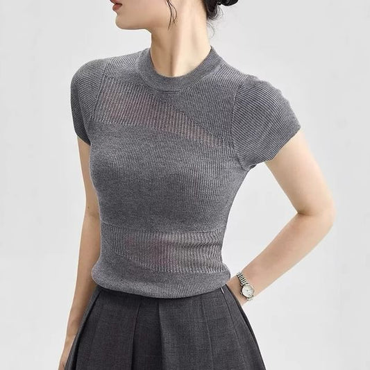 Cap-Sleeve Plain Sheer Neck Knit Top Round Panel