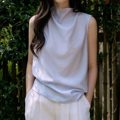 Sleeveless Mock Neck Plain Blouse