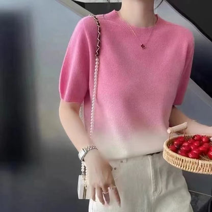 Short-Sleeve Crew Neck Gradient Knit Top