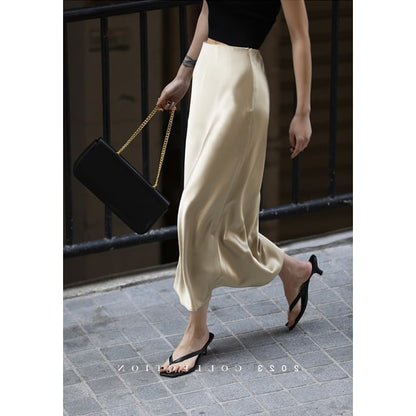 Rise Slit Satin Plain Skirt High Pencil Midi