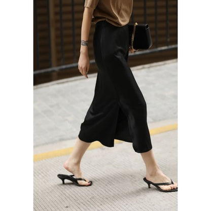 Rise Slit Satin Plain Skirt High Pencil Midi