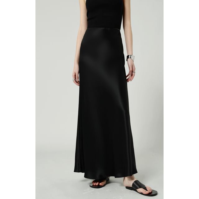 High A-Line Skirt Waist Plain Satin Maxi
