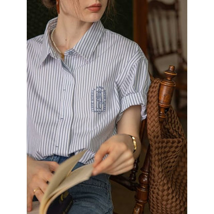 Elbow-Sleeve Button-Up Blouse Collared Embroidered Striped