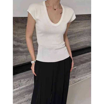 Top Neck Plain Scoop Slim Fit Cap-Sleeve Knit