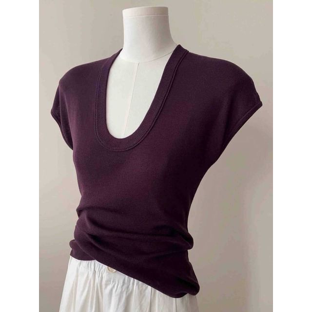 Cap-Sleeve Scoop Neck Plain Slim Fit Knit Top