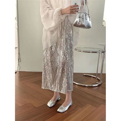 Plain Cami Top / Long-Sleeve V-Neck Tie Front Sheer Blouse / High Rise Sequin Midi H-Line Skirt / Set