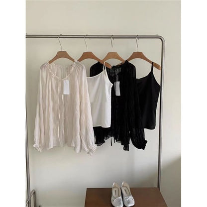 Plain Cami Top / Long-Sleeve V-Neck Tie Front Sheer Blouse / High Rise Sequin Midi H-Line Skirt / Set