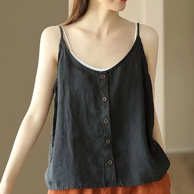 Scoop Neck Plain Buttoned Camisole Top