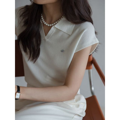 V-Neck Top Knit Plain Cap-Sleeve Crop Collared