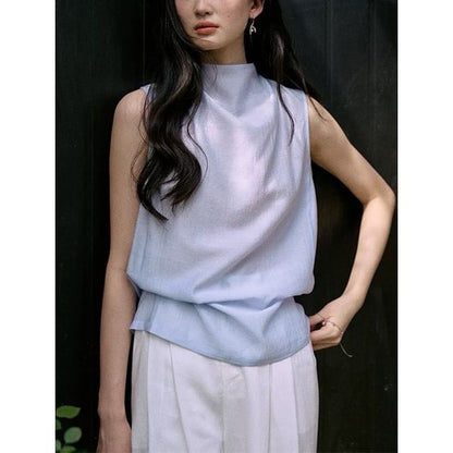 Sleeveless Mock Neck Plain Blouse
