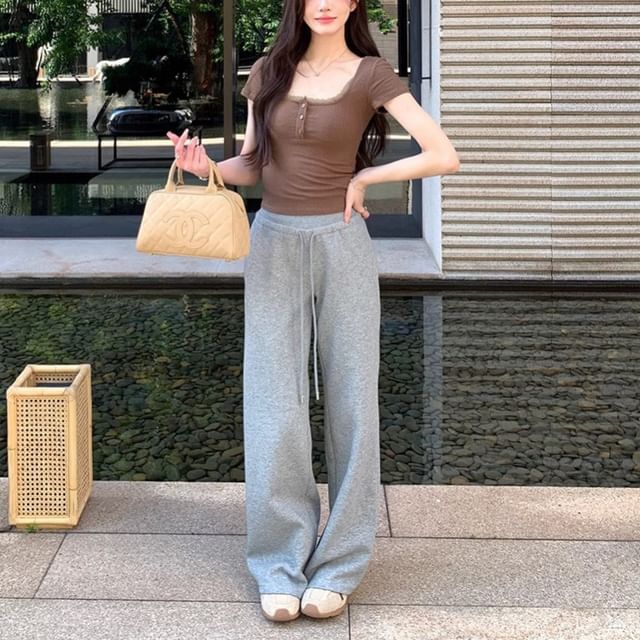 Short Sleeve Square Neck Lace Trim Plain Slim-Fit Crop Top