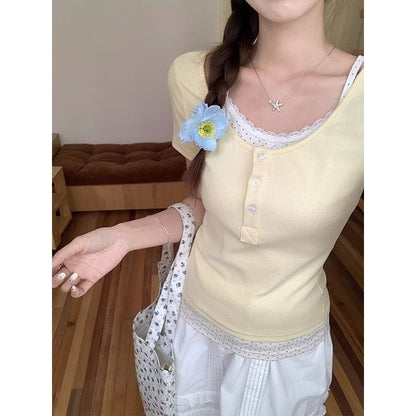 Short Sleeve Mock Two Piece Lace Trim Color Block Slim-Fit T-Shirt