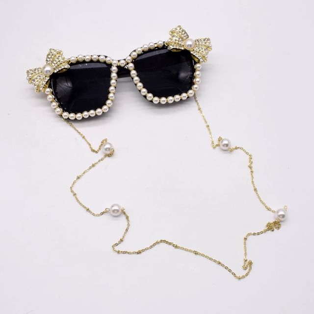 Cat Faux Eye Sunglasses Rhinestone Pearl