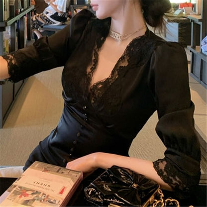 Elbow-Sleeve V-Neck Lace-Trim Blouse