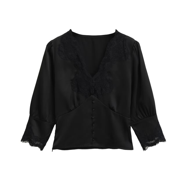 Elbow-Sleeve V-Neck Lace-Trim Blouse