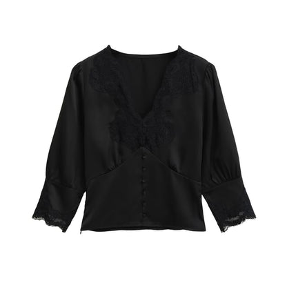 Elbow-Sleeve V-Neck Lace-Trim Blouse